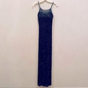 Vintage Y2K beaded prom dress. XS. Navy blue w/ silver/gray beading detail.